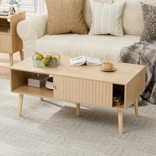 LCRBOL Coffee Table with Fluted Sliding Door, Modern, Natural | 39.3"L x 19.7"W x 17.1"H, double-sided sliding door & open shelf (7.5" clearance), golden knob, 5 tapered legs - color: Oak(lsj012-n)