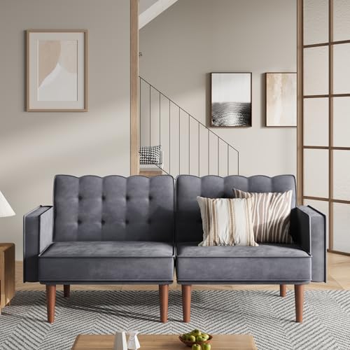 Furnify 71" Velvet Futon Sofa Bed, Versatile Loveseat Couch, Sleeper Sofa with Adjustable Backrest, Mid Century Modern Futon Couch for Small Space, Living Room, Office & Apartment, Velvet Fabric Grey - color: Grey