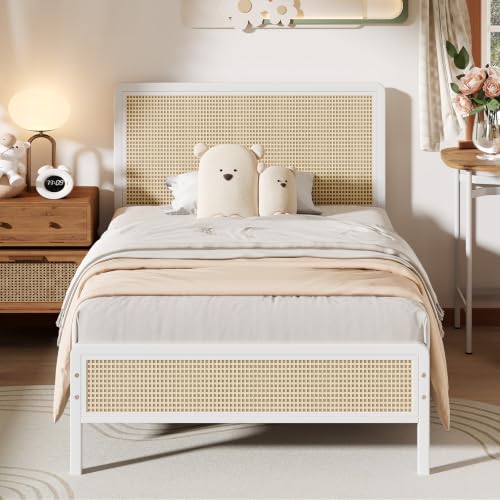 IMMERSTABLE Rattan Twin Bed Frame with Headboard, Boho Twin Metal Platform Bed Frame with Steel Slats, Under Bed Storage, Rounded Corners, No Box Spring Needed, Quiet Design, Easy Assembly, White - color: White, size: Twin
