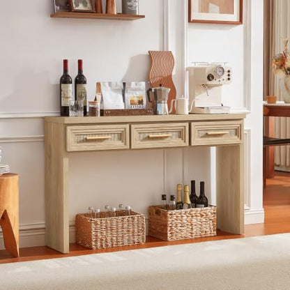RWYHG 47" Entryway Table with 3 Drawers, Boho Rattan Console Table, Natural | Layered Drawer Front Design , Open Bottom Storage, Farmhouse Behind Couch Table, Entry Table for Living Room Hallway& Foyer - color: Rattan