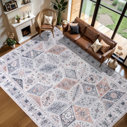 Moroccan Patchwork Washable Area Rug 5x7 for Living Room, Ivory Beige | Distressed Floral Farmhouse Bedroom Rug, Neutral Non Slip Low Pile Carpet for Nursery Dorm Apartment Office - color: Beige, size: 5x7 Feet