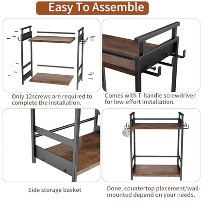 KLM 2 Tier Coffee Bar Organizer for Home Office, Spice Rack for Countertop, Kitchen Counter Storage Shelf with Hanging Basket, Coffee and Tea Condiment Station Organizer