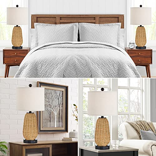 CINSARY Touch Control Rattan Table Lamp, 3 Way Dimmable Bedside Lamp for Bedroom with 2 USB Ports and AC Outlet, Nightstand Lamps for Living Room(LED Bulbs Included), Grass-1PK - color: Grass-1PK