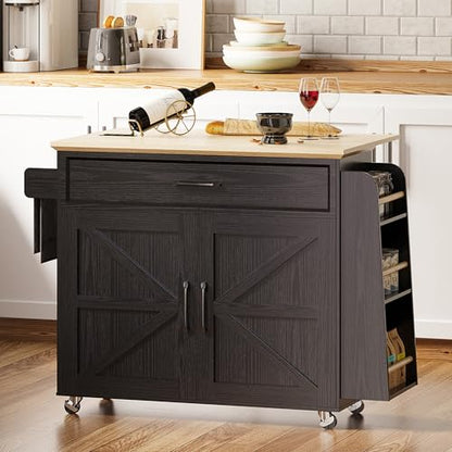 IRONCK Kitchen Island with Drop Leaf, 35.4" W Rolling Kitchen Table, Black | Rolling Kitchen Cart with Storage Cabinets, Drop Leaf, Built-in Power Outlet & Lockable Wheels for Kitchen Organization - size: 35.4-Inch