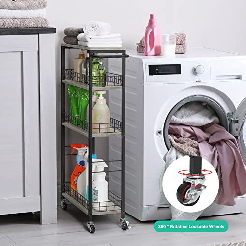 YBING Slim Storage Cart 4 Tier Narrow Rolling Cart, 7.3'' Wide | Mobile Kitchen Narrow Cart, Wooden Tabletop, With Handle, For laundry Living Room, Grey - color: Grey