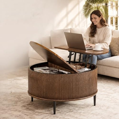 31.5" Round Coffee Table with Storage,Fluted Lift Top Center Table, Midcentury Modern Flip-top Curved Table for Living Room,Walnut