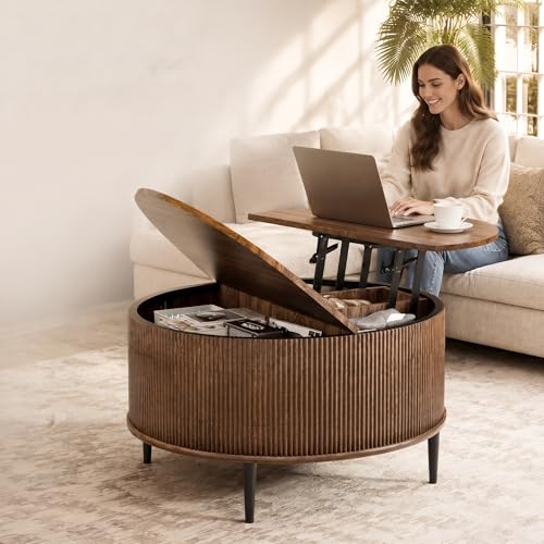 31.5" Round Coffee Table with Storage,Fluted Lift Top Center Table, Midcentury Modern Flip-top Curved Table for Living Room,Walnut