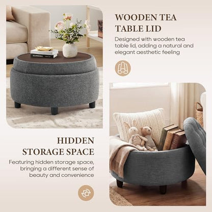 COLAMY Round Hidden Storage Ottoman with Reversible Tray Lid – Multi-Functional Footrest, Sturdy & Stylish Fabric Coffee Table for Living Room, Bedroom, or Entryway, Dark Grey - color: Dark Grey