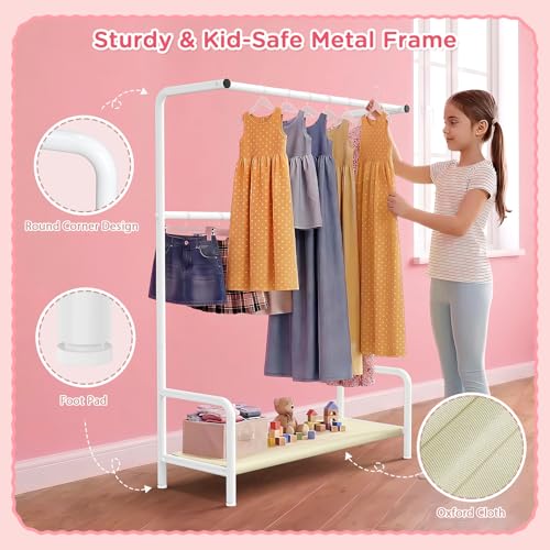 Kids Clothing Rack Double Rods for Bedroom Playroom White | Double Rod Design, Powder Coated Steel, Bottom Storage Shelf, for Baby Toddler Clothes, Dress Up, Nursery, Bedroom, Playroom - color: White