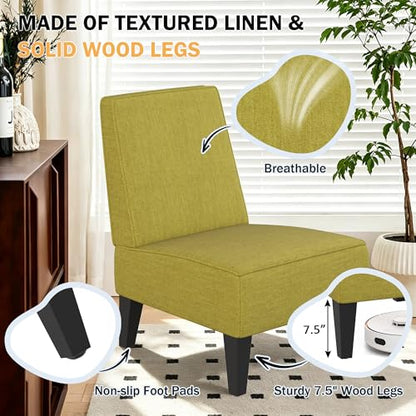 Armless Accent Chairs Set of 2, Green Upholstered Linen Slipper Chair with Solid Wood Legs, Mid Century Modern Side Chairs for Small Living Room Bedroom Apartment Reading Nook - color: Green