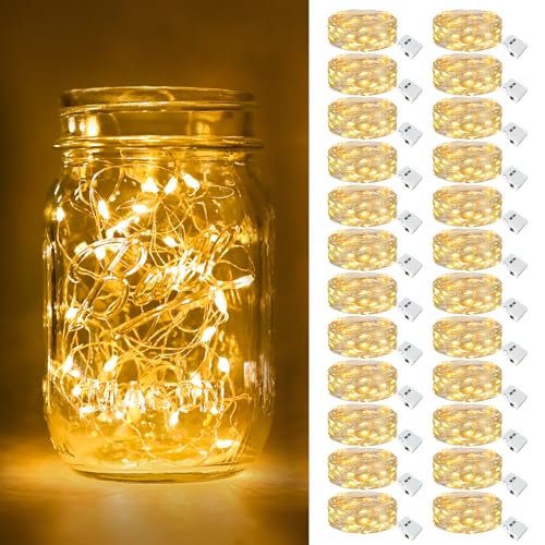 btfarm 24 Pack Fairy Lights Battery Operated Twinkle Lights with 3 Modes | 7Ft 20 Led String Light, Waterproof Bulk Small Mini Silver Wire for Christmas Mason Jars Wedding Table Centerpiece,Cool White - color: Warm White, size: 24 Pack