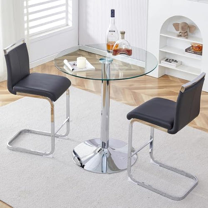 gopop 3 Piece Dining Table Set for 2, Modern Round Glass Counter Height Pub Table, Compact High Top with Bar Stools Pub Dining Set for Kitchen, Breakfast Room, Dining Room. (Black, 3 Piece) - color: Black