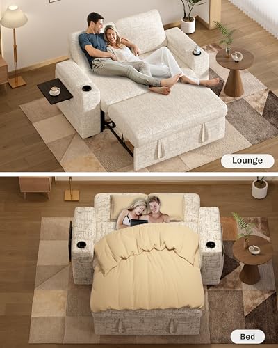 Vipbear 65" Loveseat Sleeper Sofa with Pull Out Bed, Chenille 3-in-1 Convertible Sofa Bed with Reclining Backrest|USB Ports|Cup Holders|Side Table|Storage Armrests, Tool Free Assembly, Beige - color: Beige