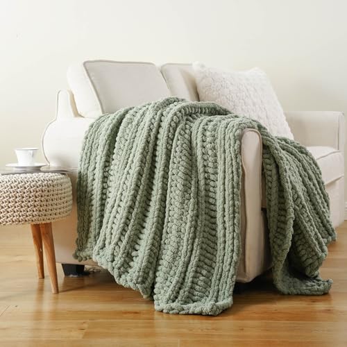Battilo Chunky Knit Throw Blanket for Couch, 50"x60", Sage Green | Sage Blanket Hand Knit Cozy Warm Thick Soft Chenille Throw Blanket for Bed, Sofa, Chair, Living Room - color: Sage Green