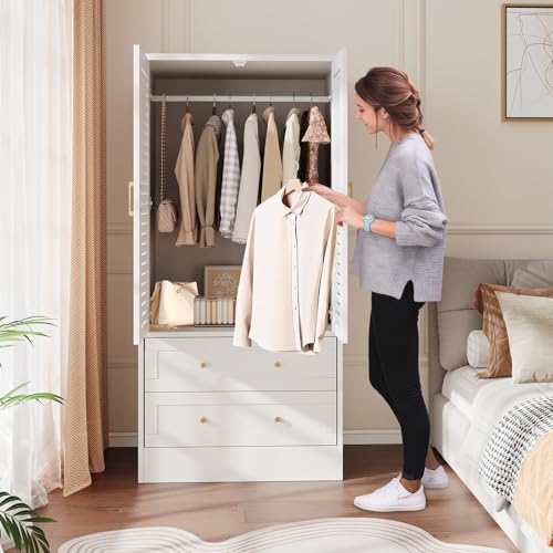 65" White Wooden Storage Cabinet, Freestanding Storage Cabinet with 2 Doors, 2 Drawers & Hanging Rod for Bedroom, Cloakroom, Laundry Room & Entrance Hall, White