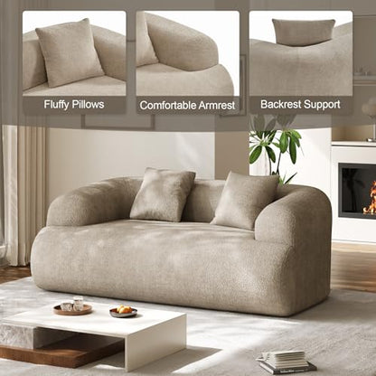 75" Boneless Cloud Loveseat, Modern Cute Curved Chenille Sofa, 2 Seater Compression Couch with 2 Pillows, No Assembly Required for Apartment Living Room, Light Brown - color: Light Brown, size: 75''