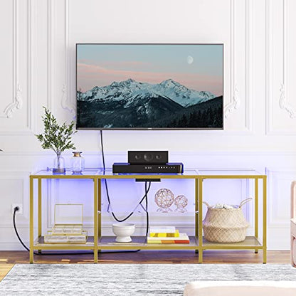 HOOBRO TV Stand with LED Lights and Power Outlets for TVs up to 65", Modern 55 Inch Tempered Glass TV Console Table with Open Shelves, Media Entertainment Center for Living Room, Gold GD145UDS01 - size: 55 Inch