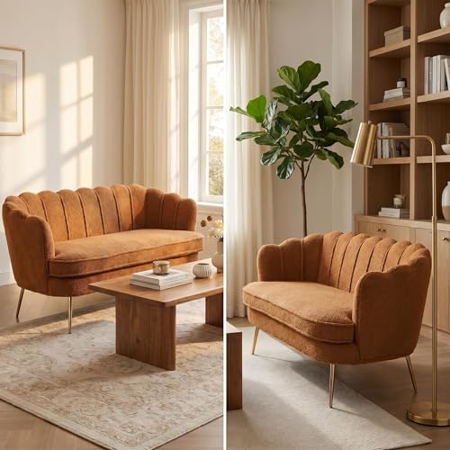 Modern Boucle Loveseat Couch,Futon Small Sofa with Gold Metal Legs | 2-Seater Upholstered Mini Sofa Couches for Small Space,Living Room Bedroom Office Dorm Studio Apartment Love Seat Couche - color: Brown