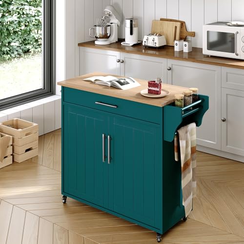 Kitchen Storage Island, Wooden Rolling Island On Wheels with Wood Top, Mobile Kitchen Island Cart with Towel Rack, Spice Rack and Drawers, Green - color: Green