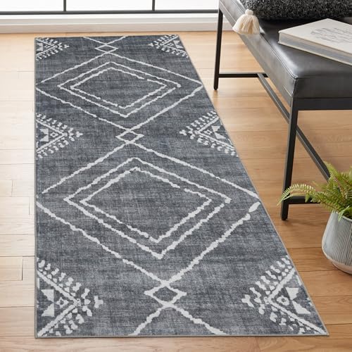 Machine Washable Area Rug Runner - Living Room Bedroom Bathroom Kitchen Entryway Office - Padded Low Pile Stain Resistant Premium - Moroccan Diamond Tribal - Jax - Gray 2'6" x 8' - color: Moroccan Diamond - Gray, size: 2'6" x 8' (Rectangular)