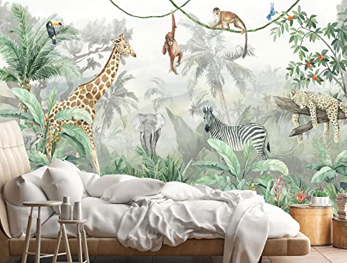 Reyhui Kids Wallpaper Tropical Leves and Safari Animals | 151"x105" Not Peel and Stick Wall Mural for Wall Bedroom Living Room TV Background Sofa Wall - color: MURAL-013, size: 151" x 105"