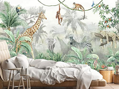 Reyhui Kids Wallpaper Tropical Leves and Safari Animals | 151"x105" Not Peel and Stick Wall Mural for Wall Bedroom Living Room TV Background Sofa Wall - color: MURAL-013, size: 151" x 105"