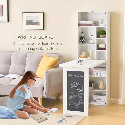 Folding Desk with Storage,Fold Out Convertible Wall Mounted Table,White | Space-Saving,Foldable Desk with Blackboard and Shelves, Multi-Function Desk Cabinet , Murphy Desk Home Office Workstation - color: White