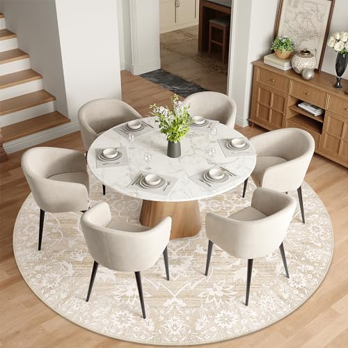Soalmost Washable Round Rug 8ft for Living Room, Soft Circle Area Rug Beige | Vintage Floral Ultra-Thin Non-Slip Rugs, 8x8 Round Throw Carpet for Dining Room Nursery Bedroom Kitchen 8'Round - color: Beige, size: 8' (Round)