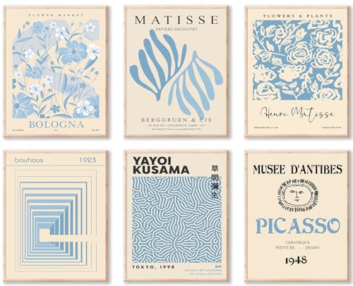 Matisse Wall Art Prints Set of 6 - Abstract Blue Exhibition Posters, Modern Flower Market Yayoi Kusama Picasso Mix Gallery Wall Art, Boho Canvas Paintings for Aesthetic - color: Blue Matisse Wall Prints, size: 8x10 inch