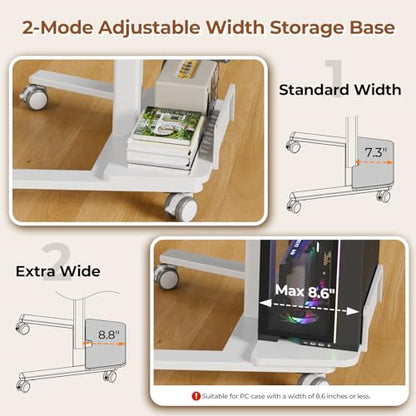 Mobile Standing Desk with Storage Shelf & 60° Tiltable Top | 28" Height Adjustable Rolling Laptop Desk on Wheels, Portable Computer Workstation for Working, Drawing, Crafting, White