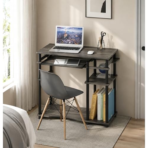 Furinno Abbott Desk, 31.5 Inch Grey Computer Desk with Keyboard Tray, Easy Assembly Gaming Desk with Storage Shelf, Office Desk for Home Office, Bedroom, Grey Oak - color: Grey Oak/Black