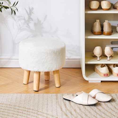 YMYNY Round Pouf Ottoman, 12.6" Small Foot Stool, White HBD035W | Faux Fur, Wood Legs, Foot Rest for Couch, Modern Boho for Living Room Bedroom Office - color: White