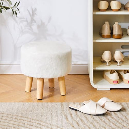 YMYNY Round Pouf Ottoman, 12.6" Small Foot Stool, White HBD035W | Faux Fur, Wood Legs, Foot Rest for Couch, Modern Boho for Living Room Bedroom Office - color: White