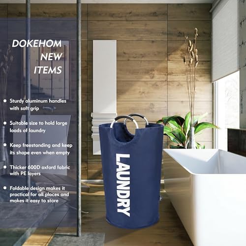 DOKEHOM 90L Large Laundry Basket Bag, Collapsible Tall Hamper, Dark Blue | Freestanding tall washing bin & foldable laundry bag. High-capacity clothes storage basket with durable sturdy handles - color: Dark Blue, size: 90L