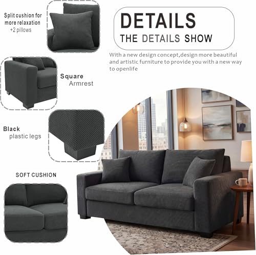 Two-Seater Sofa with Textured Fabric and High Backrest, Dark Grey - Compact Loveseat with Sturdy Plastic Legs for Living Room, Apartment, or Office - color: Dark Grey