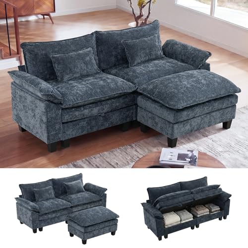 85" Modular Sectional Sofa with Storage, L-Shaped Comfy Cloud Couch | Deep Seat, Moveable Ottoman, Throw Pillows, Sofa Sleeper, Cloud Comfort Couches for Living Room Bedroom, Chenille Blue - color: Blue, size: 85" - 3 Seat L