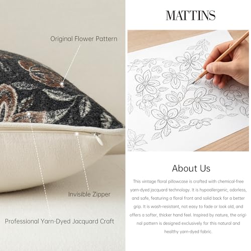 MATTINS 18x18 Vintage Floral Patterned Throw Pillow Covers, Black, 2PC | Farmhouse Decorative Pillow Covers, Country Botanical Jacquard Design, Cottage Boho Accent for Sofa, Bed, and Living Room - color: Charcoal Black, size: 18" x 18" (Pack of 2)