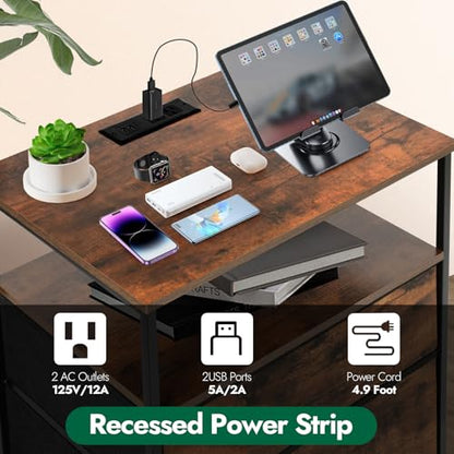 3-Drawer LED Nightstand with Charging Station, Rustic Brown | Engineered Wood and Steel, 2 AC and 2 USB ports, 24 Inch Wide, RGB App Control, Fabric Drawers, Open Storage Shelf - color: Rustic Brown