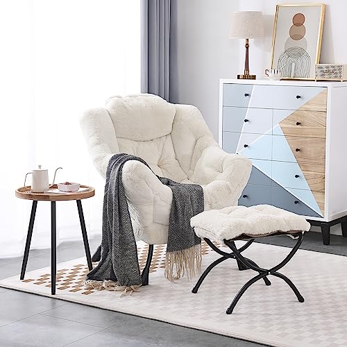 Lazy Chair with Ottoman, Modern Accent Leisure Upholstered Sofa Chair, Lounge Reading Chair with Armrests and a Side Pocket for Living Room, Bedroom & Small Space, Plush Beige | Foldable Footrest,Removable Cover,with Armrests and Side Pockets,Upholstered