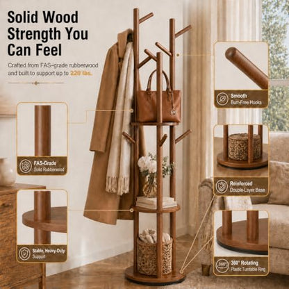 Solid Wood Rotating Coat Rack Freestanding, 360° Coat Tree with 3 Shelves & 9 Hooks, Heavy Duty Rubberwood Coat Hanger Stand, Hat Rack Hall Tree for Entryway Bedroom Office Hallway, Walnut