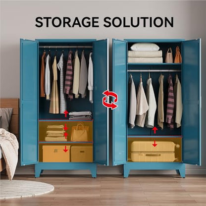 71" Tall Metal Armoire Wardrobe Closet with Removable Hanging Rod and Adjustable Shelves,Blue - color: Blue, size: 17.7"D x 31.5"W x 71"H-2