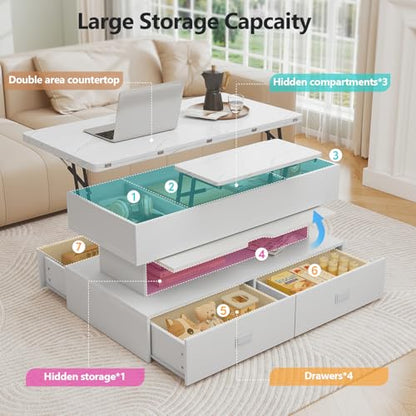Turosur 40" Lift Top Coffee Table, Coffee Tables with Storage and 4 Drawer, Coffee Table with Lifting top with LED Lights for Living Room Home Office - color: White