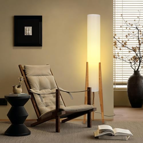 Wabi-Sabi 50" Wood Tripod Floor Lamp with Paper Lantern Inspired | Tall Linen Fabric Shade, E26 3-Color Temperatures Bulb Included, Foot Switch, Natural Wood For Living Room, Bedroom, Office - color: Natural Wood