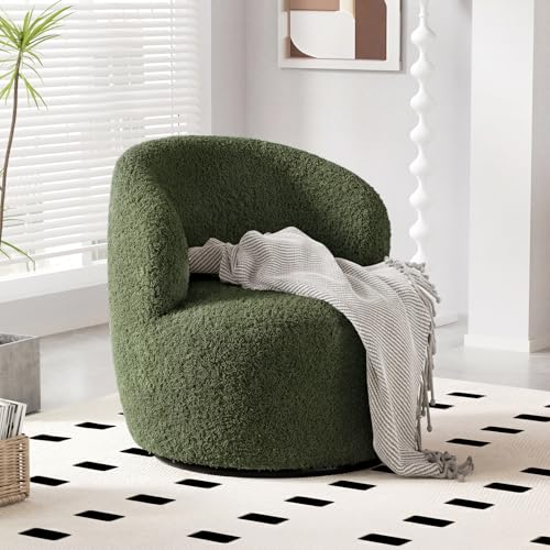 FiveWillowise Swivel Accent Chair, 360° Small Round Barrel Chairs, Modern Cozy Sherpa Padded Armchair for Living Room, Bedroom, Waiting Room, Office, Moss Green - color: Moss Green, size: 1 PC