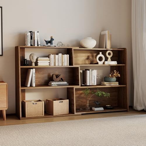 Expandable Bookshelf with Solid Wood Core, 3-Tier Ladder Bookcase, Extendable Corner Shelf for Small Space in Living Room, Study, Bedroom, Walnut