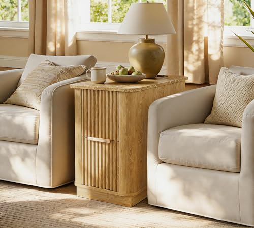 win2win Narrow End Table with Charging Station, Fluted Drawers, Oak | Tall Small Side Table with Storage , Boho Nightstand with Faux Marble Top , Wood Beside Table for Living Room , Bedroom - color: Oak