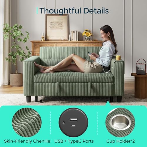 LINSY 54" Pull Out Couch with Charging Station - Sleeper Sofa Bed with Cup Holder, Small 3 in 1 Convertible Loveseat Sleeper Couch for Apartment, Dorm Room, Bedroom and Small Space(Olive Green) - color: Green