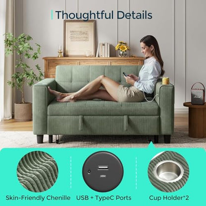 LINSY 54" Pull Out Couch with Charging Station - Sleeper Sofa Bed with Cup Holder, Small 3 in 1 Convertible Loveseat Sleeper Couch for Apartment, Dorm Room, Bedroom and Small Space(Olive Green) - color: Green