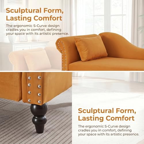 ERYE Velvet Upholstered Right Facing Chaise Lounge Chair, Blue Chaise Lounge Storage W/Nailhead Trim, Wood Legs, Classic Recliner Lounger Accent Sofa for Living Room Bedroom - color: Yolk Yellow/R