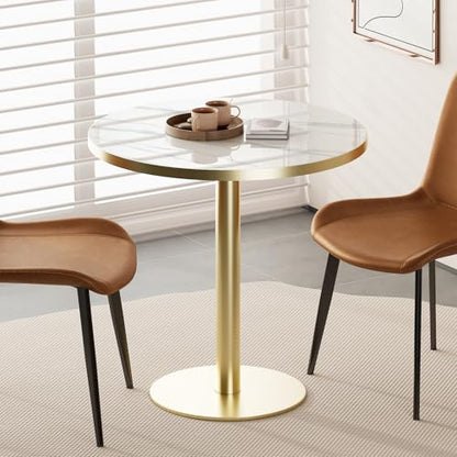 31.5" Circle Tulip Table with Sintered Stone Tabletop, Gold Edge & Pedestal | Modern Round Dining Table, Leisure Bistro Table for Kitchen, Small Places, Living Room, Cafe, Restaurant (Snow Peak Marble) - color: Snow Peak Marble (Golden Edge), size: Round